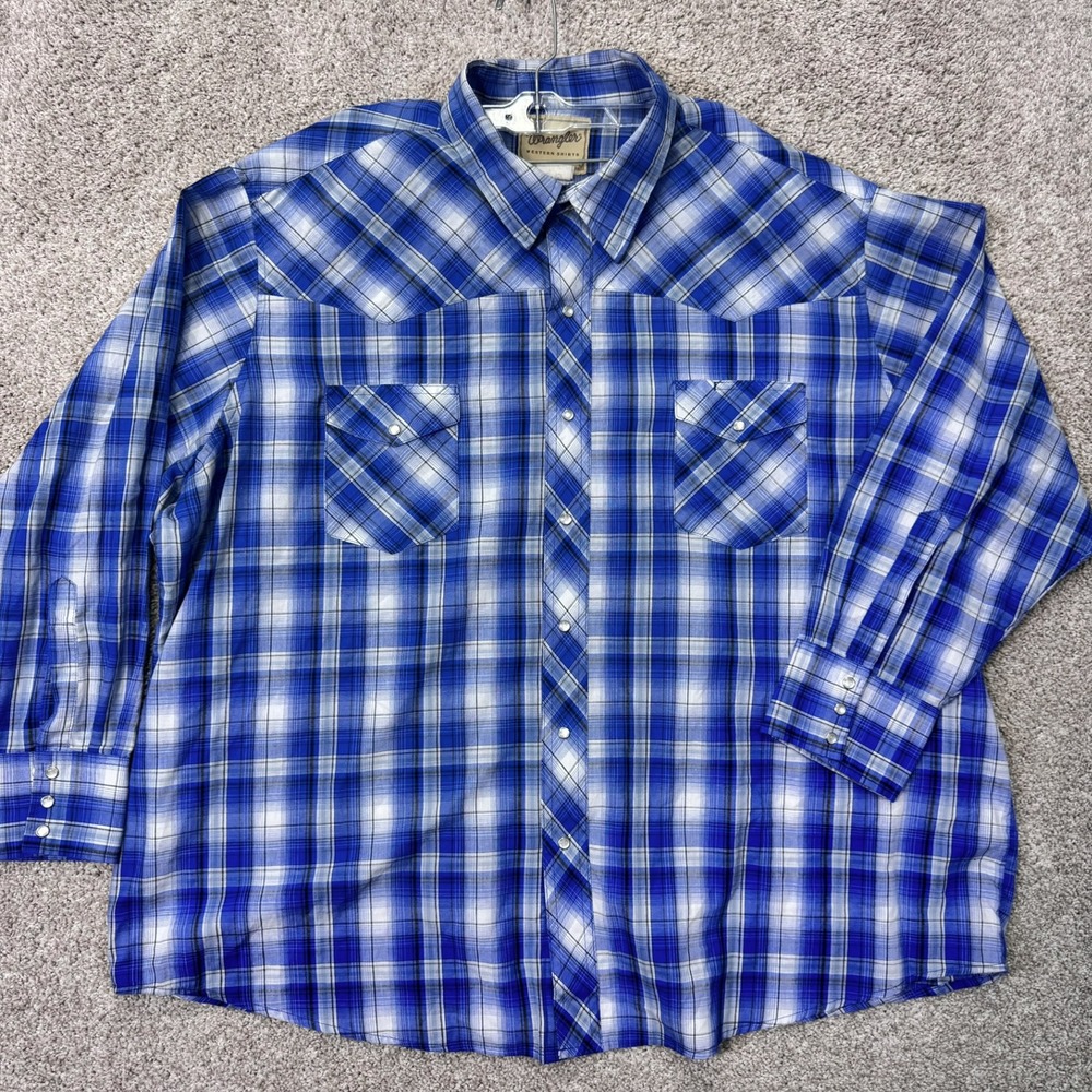 Wrangler Shirt Mens 3XL Western Snap Blue Plaid Long Sleeve Button Down EUC